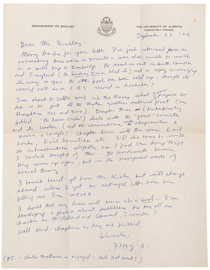 First edition, association copy of The Edible Woman by Margaret Atwood, with autograph letter.