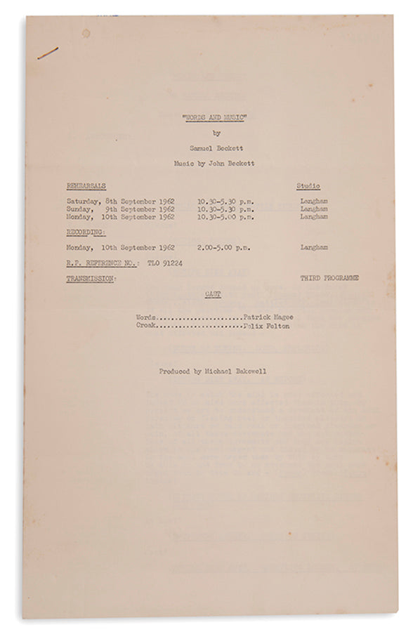 Pre-publication radio script for Words and Music by Samuel Beckett, dated 1962.