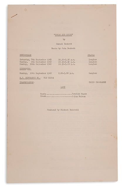 Pre-publication radio script for Words and Music by Samuel Beckett, dated 1962.