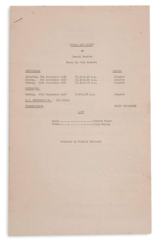 Pre-publication radio script for Words and Music by Samuel Beckett, dated 1962.