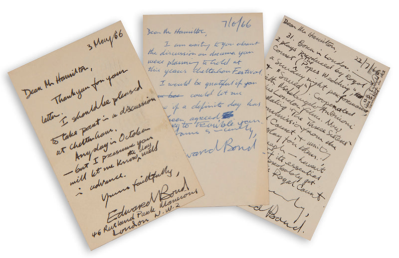First hardback edition of Saved by Edward Bond, with 3 autograph postcards from the author to Ian Hamilton.
