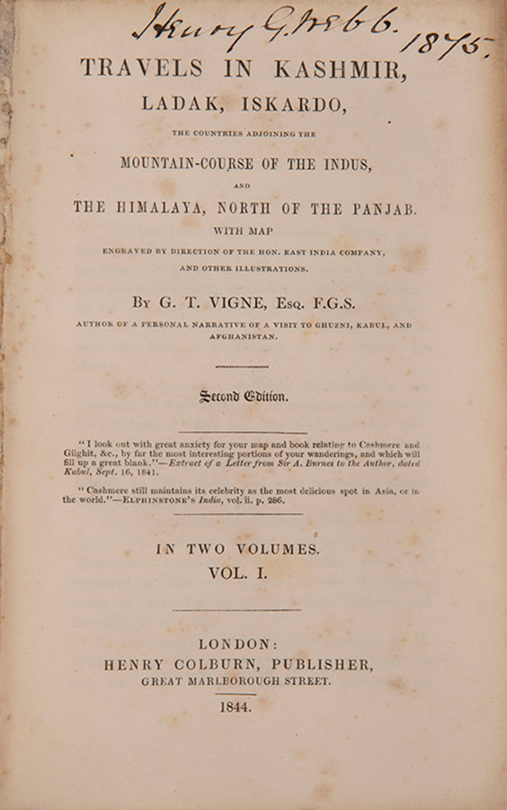 Vigne travelled extensively in Northern India in the years 1834 to 1838. Although a private traveller, he mapped the country through which he travelled