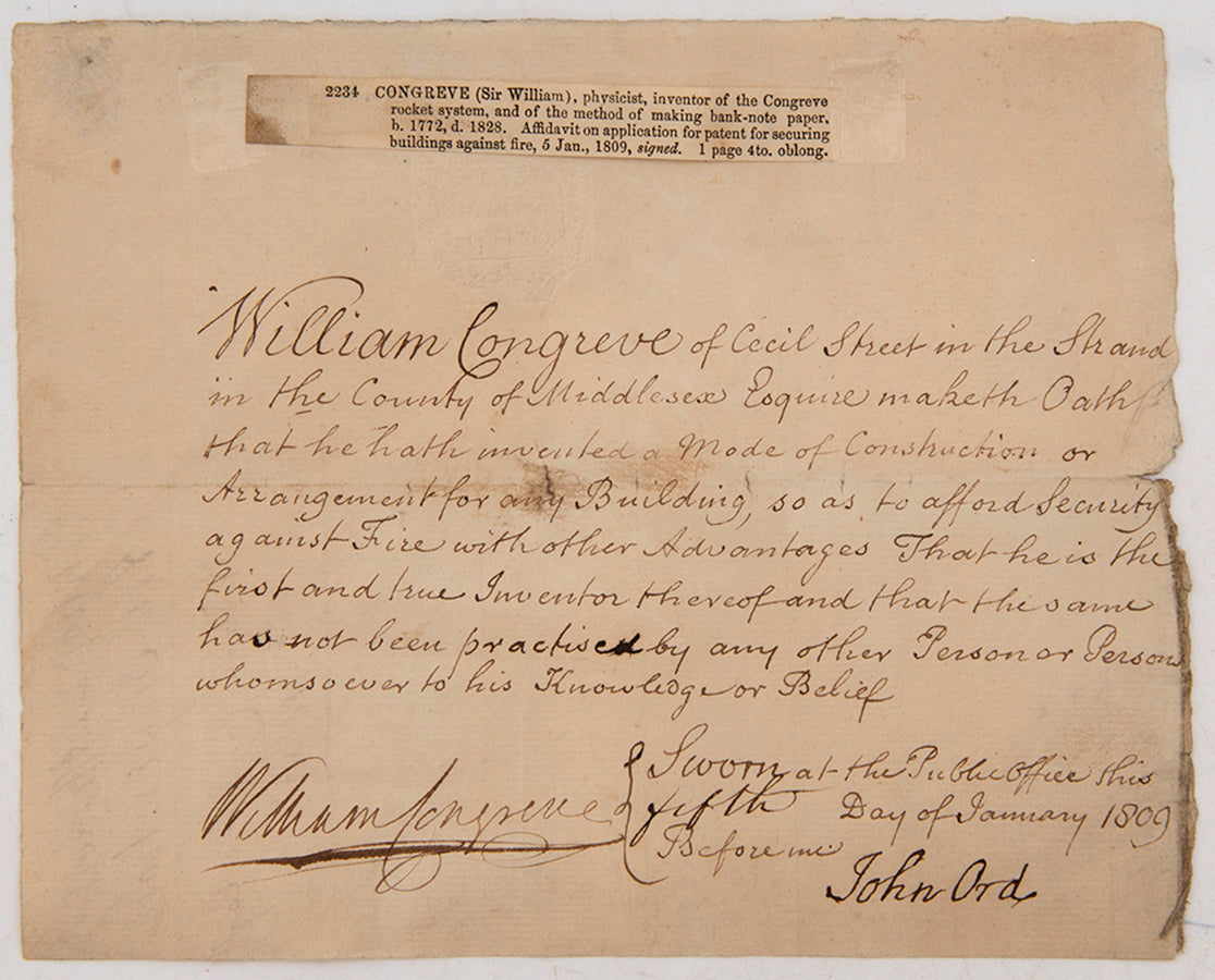 A signed and dated affidavit for a patent to secure buildings against fire designed by Sir William Congreve, comptroller of the Royal Arsenal
