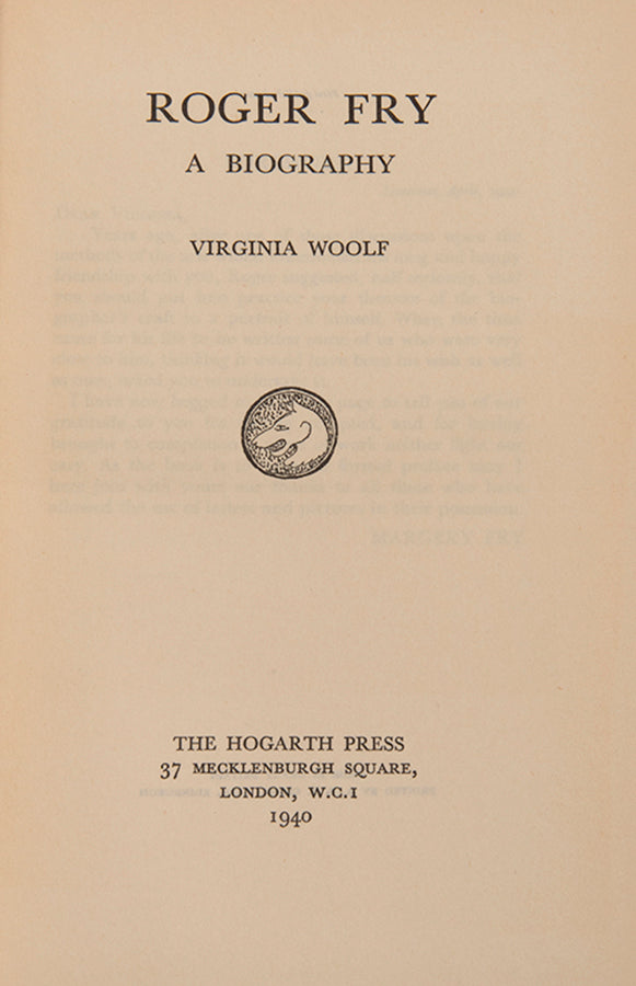 First edition of Roger Fry, A Biography by Virginia Woolf.  This was the last book to be published in Viriginia Woolf's lifetime.