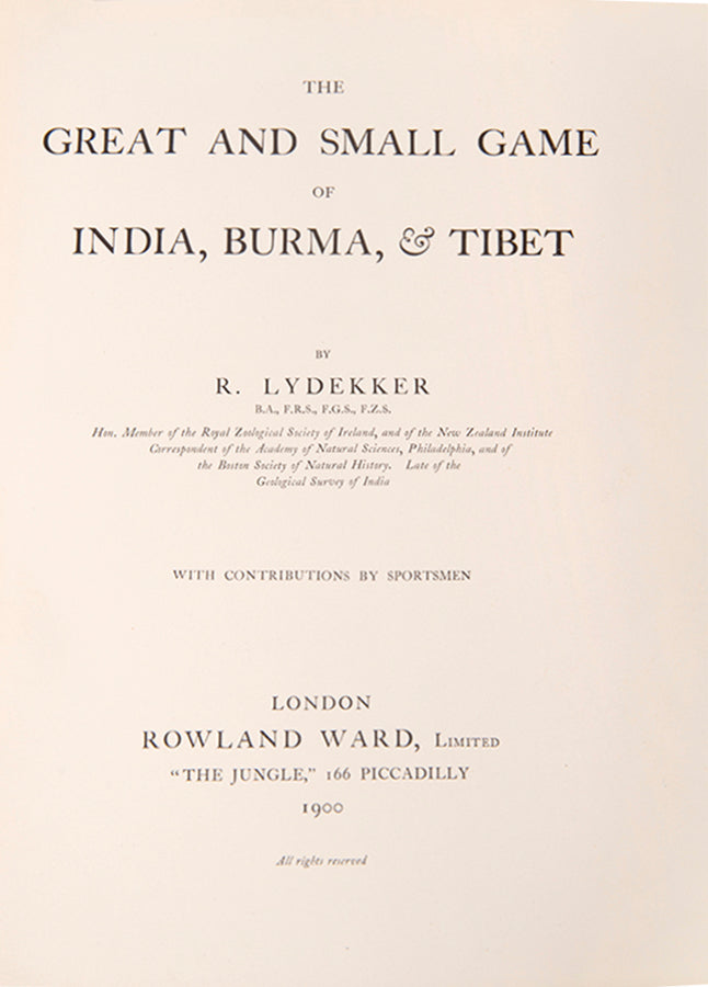 A sumptuous rendering of south Asia's wild game species in art and text. Lydekker describes more than seventy varieties of game with attendant notes