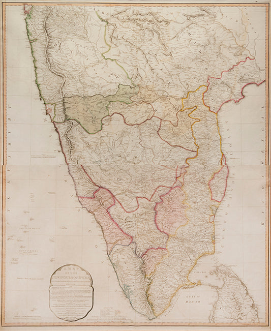An interesting sectional map of southern India with hand-colouring showing the scope of British control in the region, engraved by William Faden.