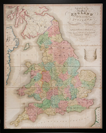 A richly hand coloured map of England and Wales showing the navigable canals, mail road routes and railway network at the dawn of the age of steam.