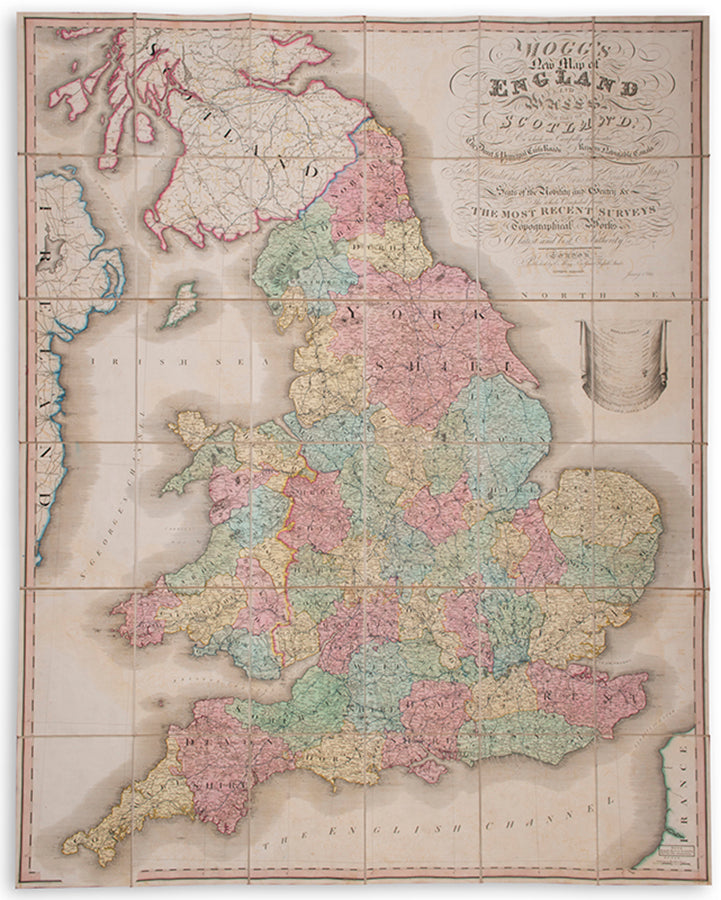 A richly hand coloured map of England and Wales showing the navigable canals, mail road routes and railway network at the dawn of the age of steam.