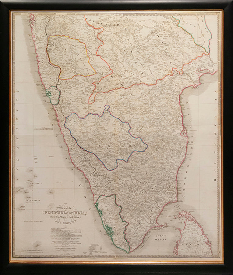 A sectional map of southern India and northern Ceylon by James Wyld, with hand-colour highlights showing the scope of British control in the region.