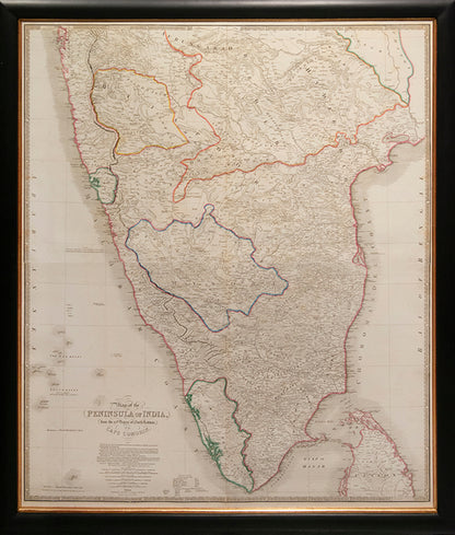 A sectional map of southern India and northern Ceylon by James Wyld, with hand-colour highlights showing the scope of British control in the region.