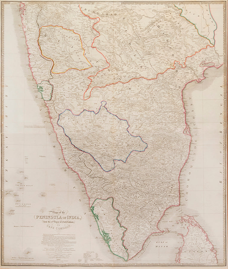 A sectional map of southern India and northern Ceylon by James Wyld, with hand-colour highlights showing the scope of British control in the region.