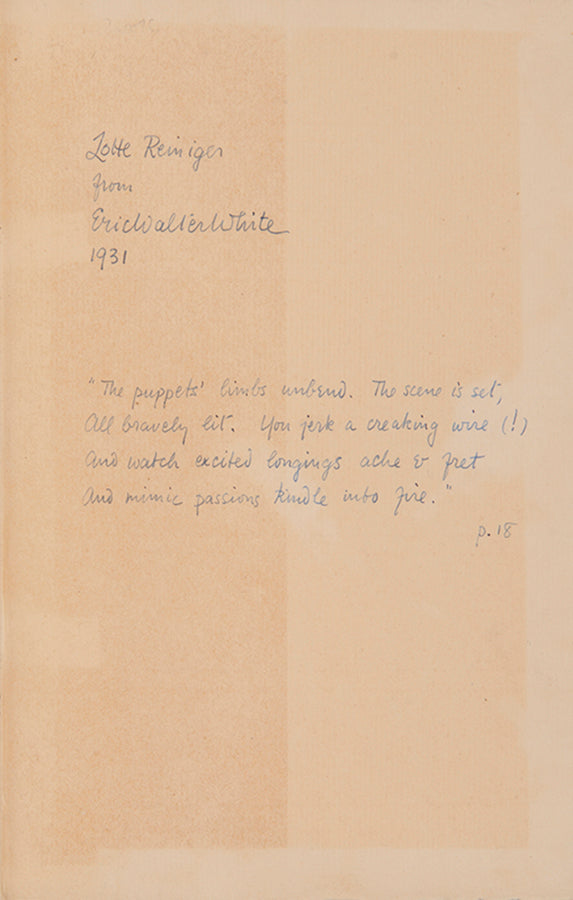 First edition of The Room by Eric Walter White, inscribed by the author to the German film director Lotte Reiniger.