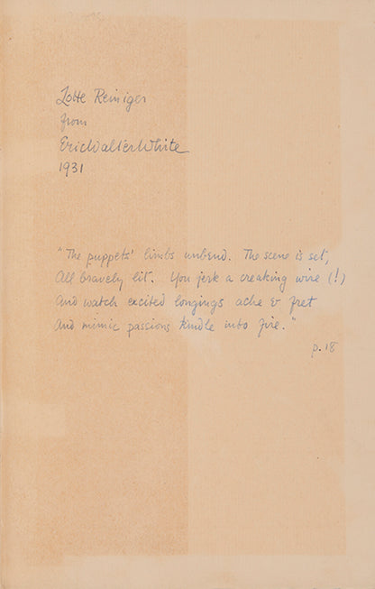 First edition of The Room by Eric Walter White, inscribed by the author to the German film director Lotte Reiniger.