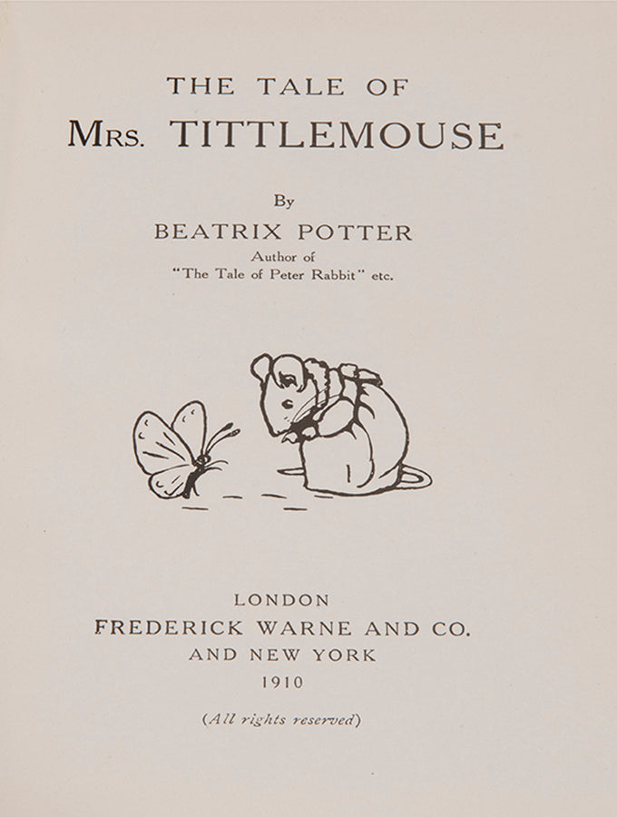 A first deluxe edition of Beatrix Potter's The Tale of Mrs Tittlemouse with 26 colour plates, original moire cloth binding, near fine.
