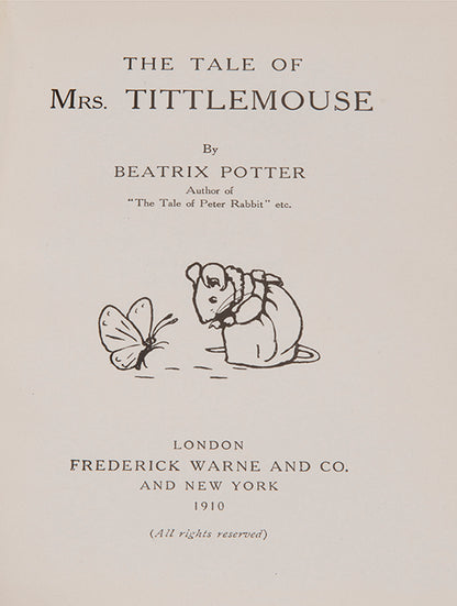 A first deluxe edition of Beatrix Potter's The Tale of Mrs Tittlemouse with 26 colour plates, original moire cloth binding, near fine.