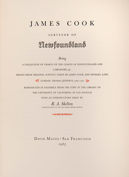 James Cook Suirveyor of Newfoundland edited by R.A. Skelton, Reproduced in facsimile from the copy in the library at UCLA.
