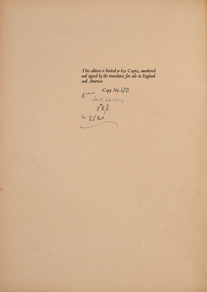 Limited edition of The Complete Works of Petronius, signed by the translator and inscribed by the publisher.