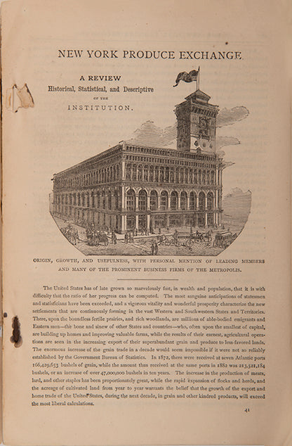 The first edition of Richard Edwards' review of the New York Produce Exchange, containing a history of the market and an informative index of its members.