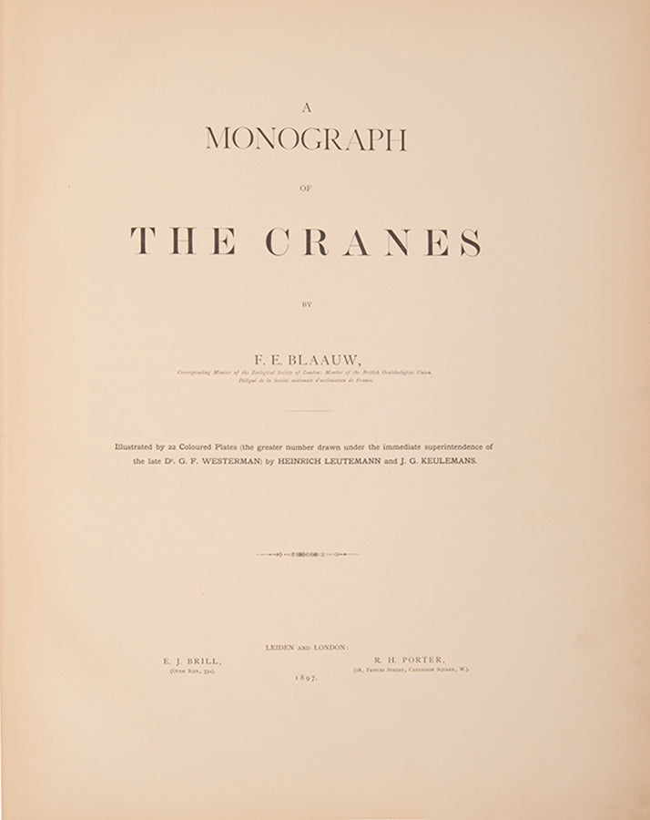 monograph on Cranes was originally the project of the director of the Amsterdam Zoo, G. F. Westerman. However, his untimely death led to Blaauw taking over