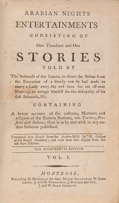 First edition of Robert Heron's Arabian Tales, the earliest most complete English translation of the Arabian Nights with four additional volumes.
