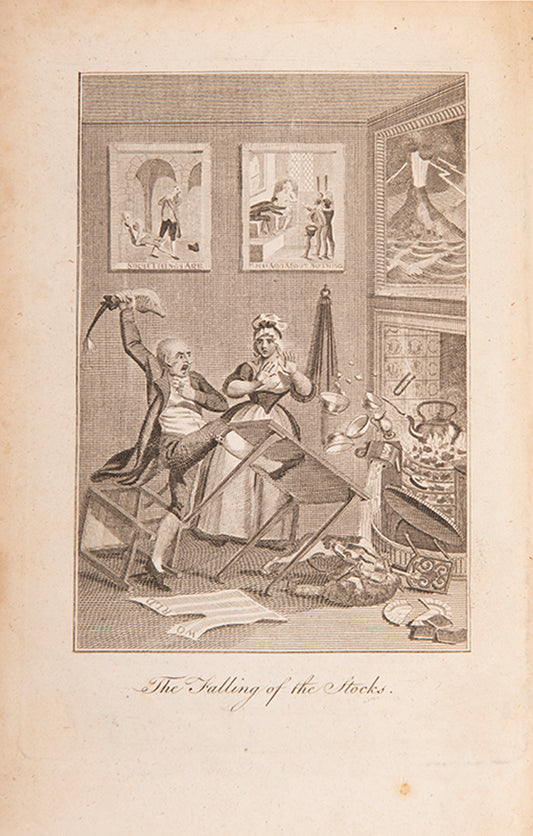 The August 1796 issue of Town and Country, published in the run up to the economic panic which began that year, with engraving of The Falling of the Stocks