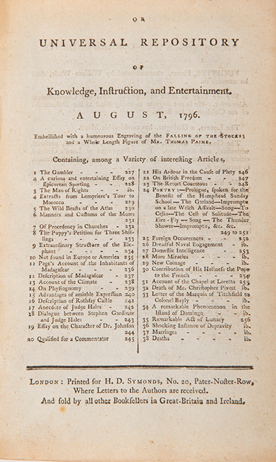 The August 1796 issue of Town and Country, published in the run up to the economic panic which began that year, with engraving of The Falling of the Stocks