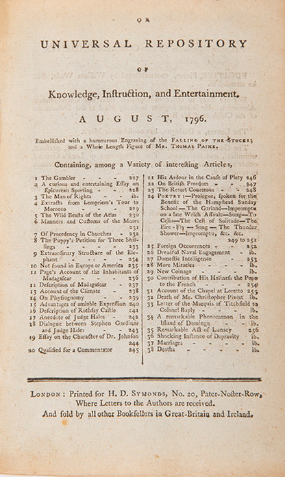 The August 1796 issue of Town and Country, published in the run up to the economic panic which began that year, with engraving of The Falling of the Stocks