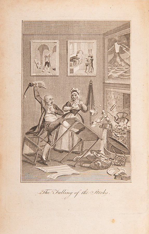 The August 1796 issue of Town and Country, published in the run up to the economic panic which began that year, with engraving of The Falling of the Stocks