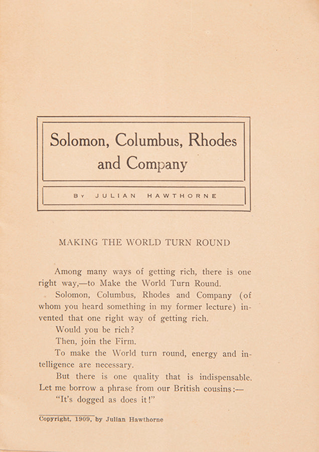 The first edition of Julian Hawthorne's pamphlet promoting investment in the fictitious mining company Solomon Columbus Rhodes.