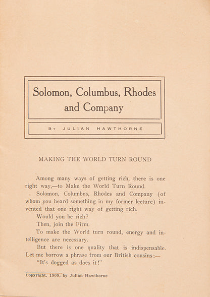 The first edition of Julian Hawthorne's pamphlet promoting investment in the fictitious mining company Solomon Columbus Rhodes.
