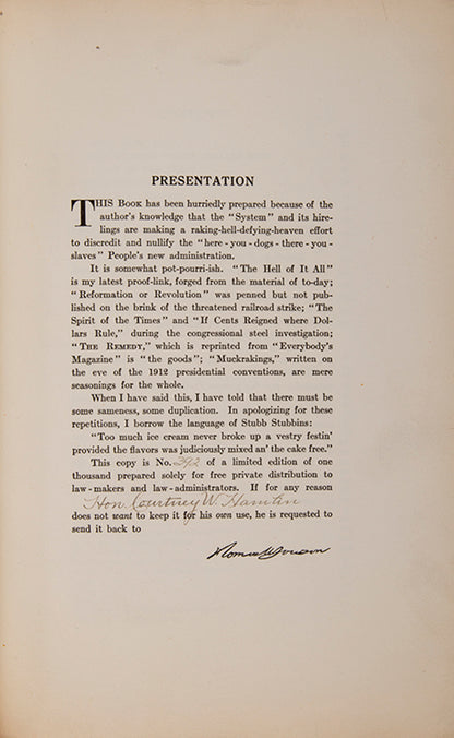 The first edition of Lawson's High Cost Living, an amusing insider's account of stock market machination, with provenance for congressman Courtney Hamlin.
