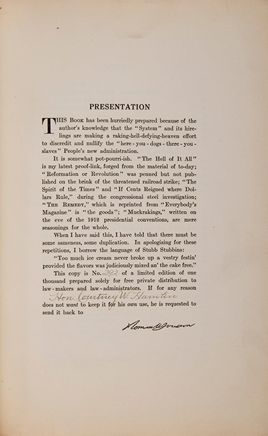 The first edition of Lawson's High Cost Living, an amusing insider's account of stock market machination, with provenance for congressman Courtney Hamlin.