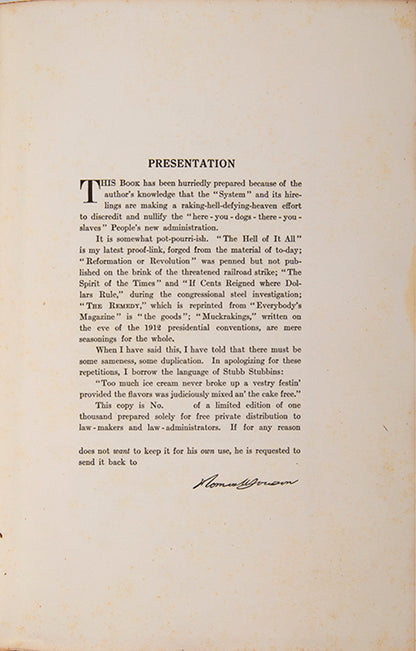 Thomas Lawson's personal copy of High Cost Living, his amusing insider's account of the pecuniary guile of an era filled with stock market machination.