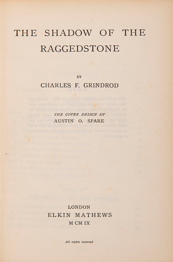 Revised edition of The Shadow of the Raggedstone by Charles F. Grindrod, with cover art by Austin Osman Spare.