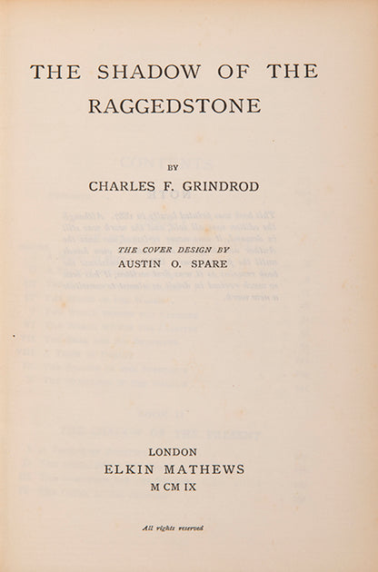 Revised edition of The Shadow of the Raggedstone by Charles F. Grindrod, with cover art by Austin Osman Spare.