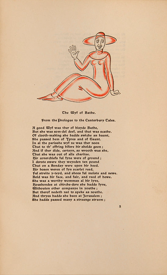 First edition of The Wyf of Bathe by Geoffrey Chaucer illustrated by Pearl Binder, published by the Mandrake Press.