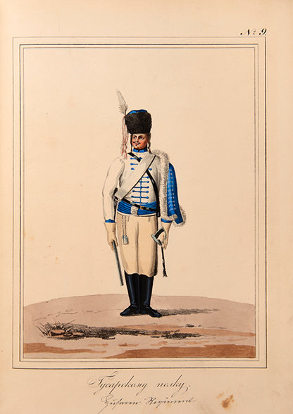 Remarkably fine series of hand-coloured prints of military costumes after Paul I in an exceptional conteemporary Russian binding. 