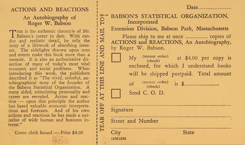 A scarce mail order booklet for books by the noted economist and temperance campaigner Roger Babson, founder of the eponymous investment newsletter.