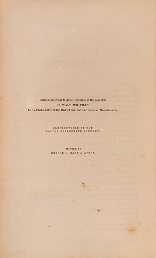 The scarce first trade edition, third edition, first issue overall, of Walt Whitman's seminal collection of poems, Leaves of Grass.