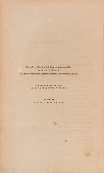 The scarce first trade edition, third edition, first issue overall, of Walt Whitman's seminal collection of poems, Leaves of Grass.