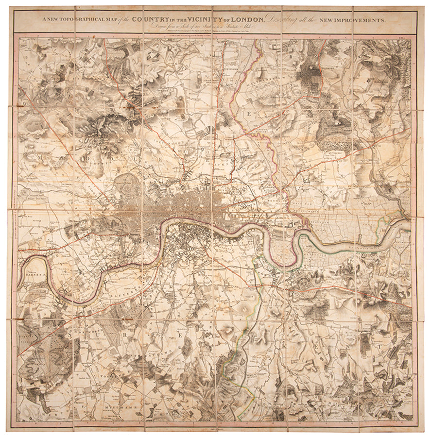 The second edition of William Fadens' Topographical Map of the Country in the Vicinity of London, with original hand colouring. Scarce.