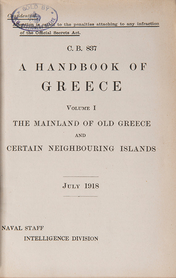These volumes on Greece and its islands formed part of a series of confidential handbooks, published by the Naval Intelligence Division