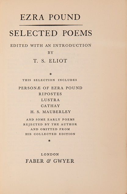 First edition of Selected Poems by Ezra Pound, with an introduction by T.S. Eliot.
