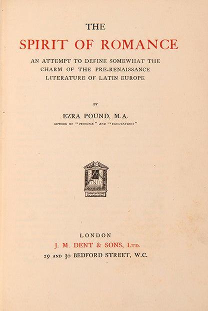 First edition of The Spirit of Romance by Ezra Pound, published in 1910.