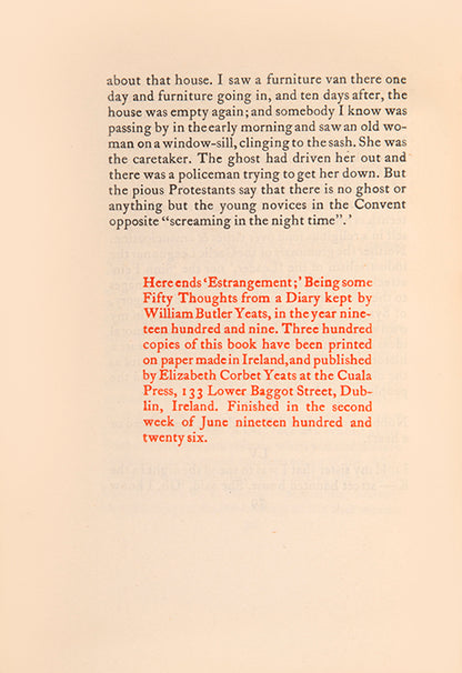 First edition of Estrangement by W.B. Yeats, one of 300 copies printed at the Cuala Press.