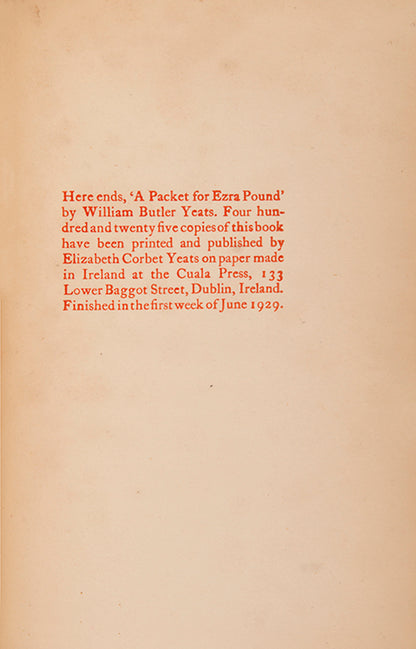 First edition of A Packet for Ezra Pound by W.B. Yeats, one of 425 copies printed at the Cuala Press.