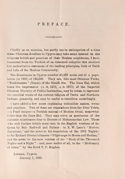 Rare publication on the doctrine and practices of islam printed in Nicosia, 1889. 