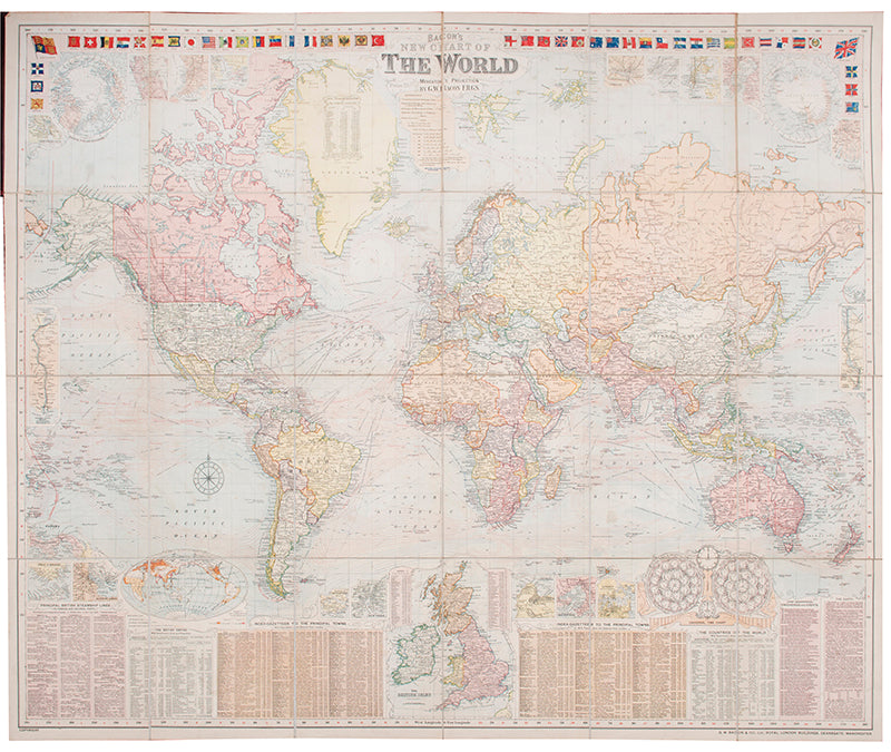 Bacon's New Chart of the World, a large colour lithograph map showing the British Empire at its height marked in pink.