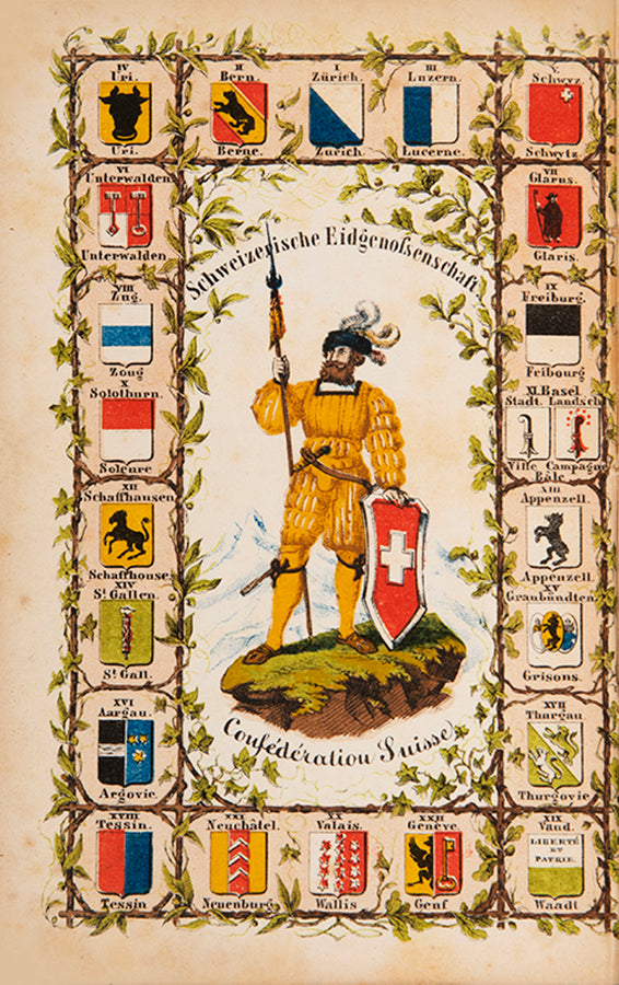 This is the first variant in 1854 and contains the coloured frontispiece of the coats of arms of the various Swiss Cantons.