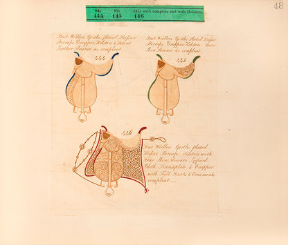 A rare saddlery trade catalogue illustrated with 145 engaved plates listing over 40 items of equestrian equipment for sale, with original samples tipped-in